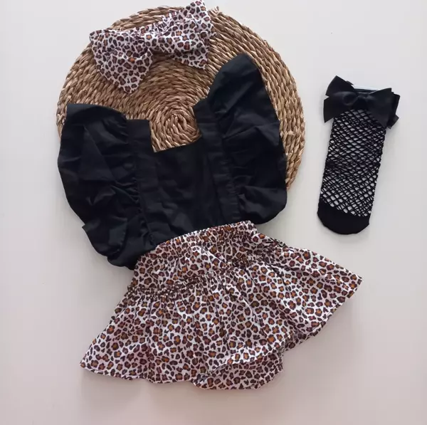 MARS BABY Kız Bebek Leopar Desenli Fırfırlı Salopet Bandana Siyah File Çorap Takım - Image 1