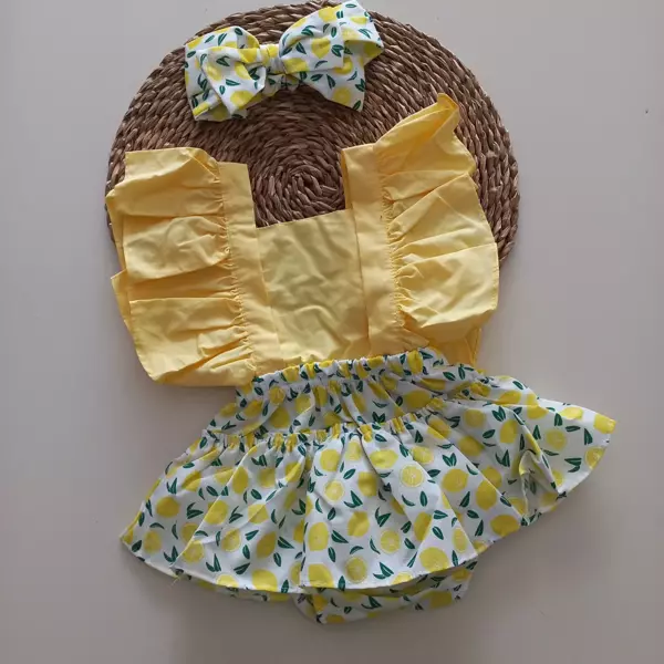MARS BABY Kız Bebek Limon Desenli Fırfırlı Salopet Bandana Takım - Image 1