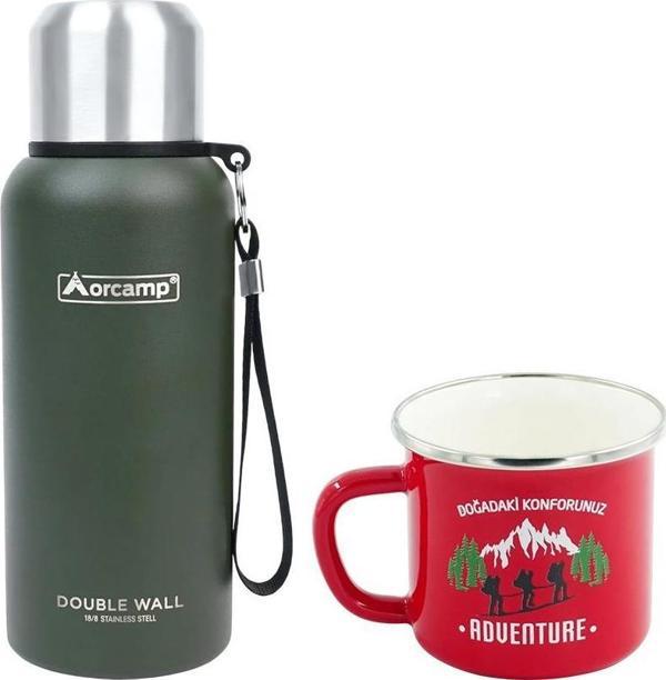 Orcamp Çelik Termos 0.50 Lt Yeşil OUT-5000+Emaye Adventure 180 ml Kupa OUT-1900 Kırmızı ORC-066-B-K1 - Image 1