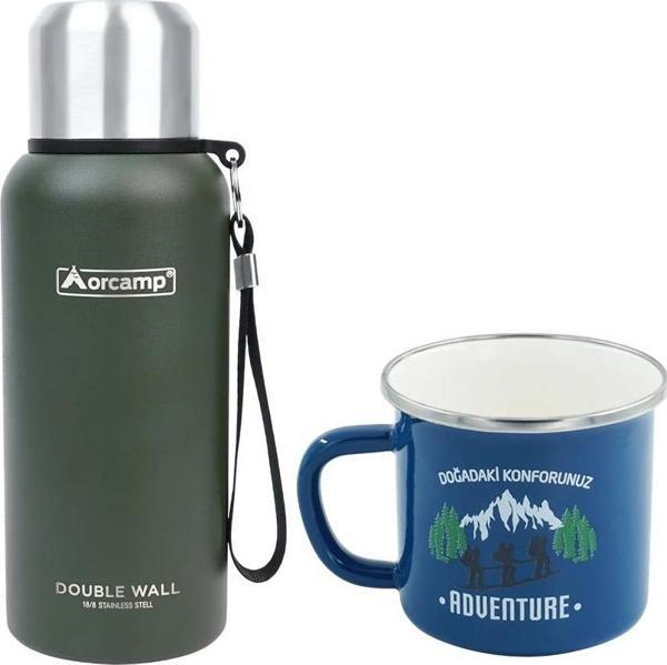 Orcamp Çelik Termos 0.50 Lt Yeşil OUT-5000+Emaye Adventure 180 ml Kupa OUT-1900 Mavi ORC-066-B-M1 - Image 1