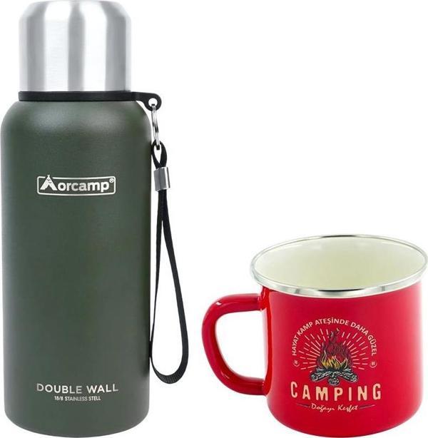Orcamp Çelik Termos 0.50 Lt Yeşil OUT-5000+Emaye Camping 180 ml Kupa OUT-1900 Kırmızı ORC-066-B-K2 - Image 1