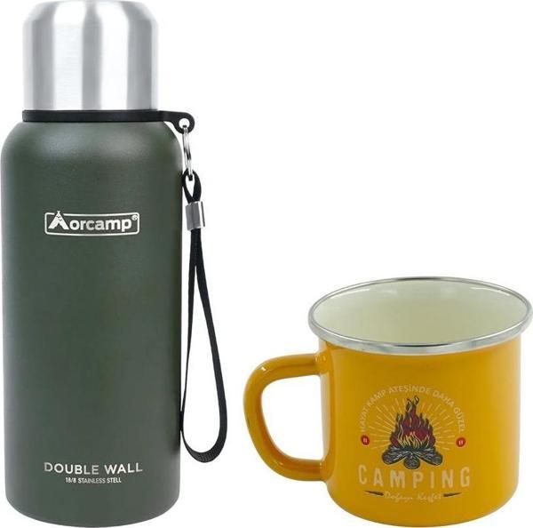 Orcamp Çelik Termos 0.50 Lt Yeşil OUT-5000+Emaye Camping 180 ml Kupa OUT-1900 Sarı ORC-066-B-S2 - Image 1