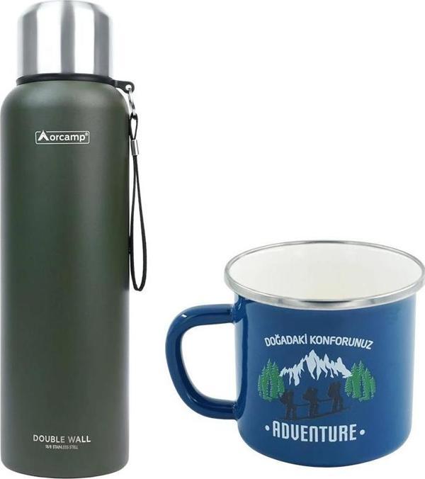 Orcamp Çelik Termos 1,5 Lt Yeşil OUT-5100+Emaye Adventure 180 ml Kupa OUT-1900 Mavi ORC-069-B-M1 - Image 1