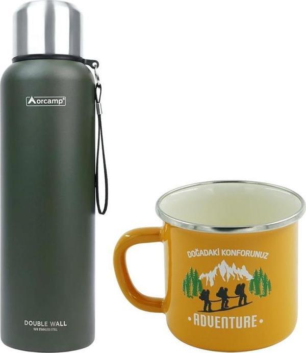 Orcamp Çelik Termos 1,5 Lt Yeşil OUT-5100+Emaye Adventure 180 ml Kupa OUT-1900 Sarı ORC-069-B-S1 - Image 1