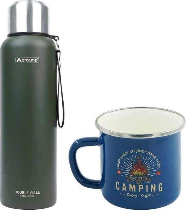 Orcamp Çelik Termos 1,5 Lt Yeşil OUT-5100+Emaye Camping 180 ml Kupa OUT-1900 Mavi ORC-069-B-M2 - Image 1