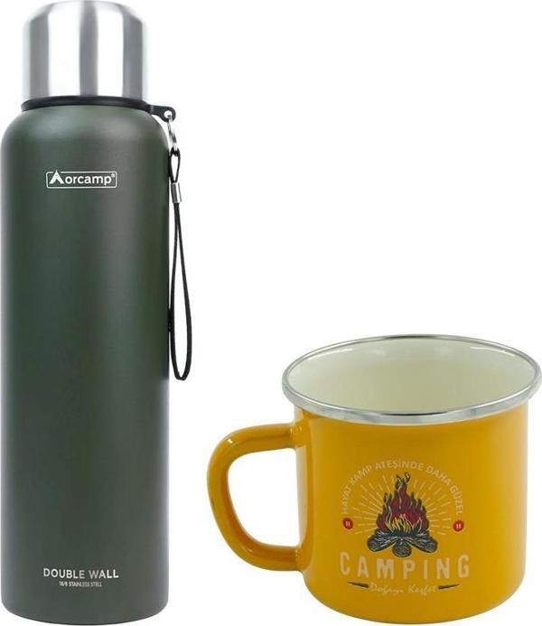 Orcamp Çelik Termos 1,5 Lt Yeşil OUT-5100+Emaye Camping 180 ml Kupa OUT-1900 Sarı ORC-069-B-S2 - Image 1
