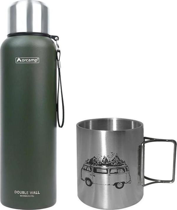 Orcamp Çelik Termos 1,5 Lt Yeşil OUT-5100+Orcamp Katlanır Saplı Çelik Kupa Karavan 180 ml Kupa OUT-1800  ORC-069-C2 - Image 1