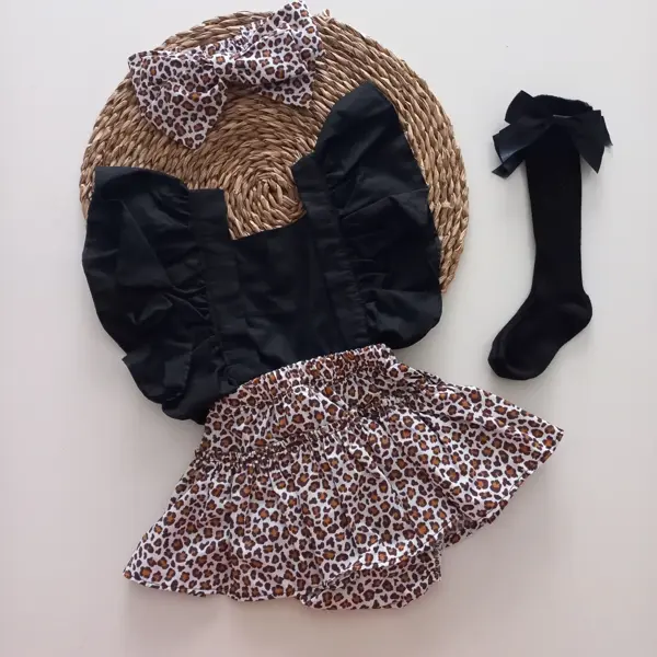 MARS BABY Kız Bebek Leopar Desenli Fırfırlı Salopet Bandana Siyah Fiyonk Çorap Takım - Image 1