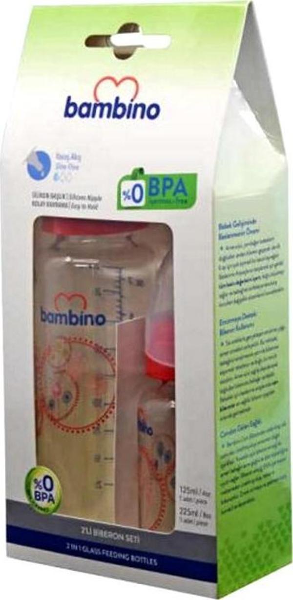 Bambino İkili Cam Biberon Seti Kırmızı Fil Yavaş Akış - Image 1