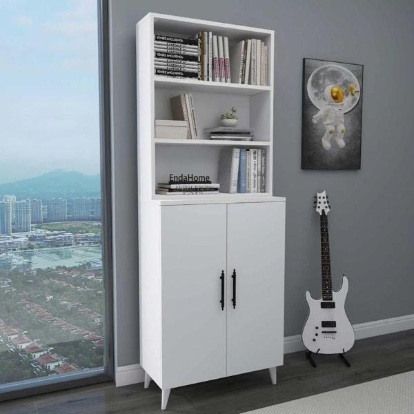 Reyo Home Enda Oras 6 Raflı 2 Kapaklı Klasik Kitaplık Beyaz - Image 1