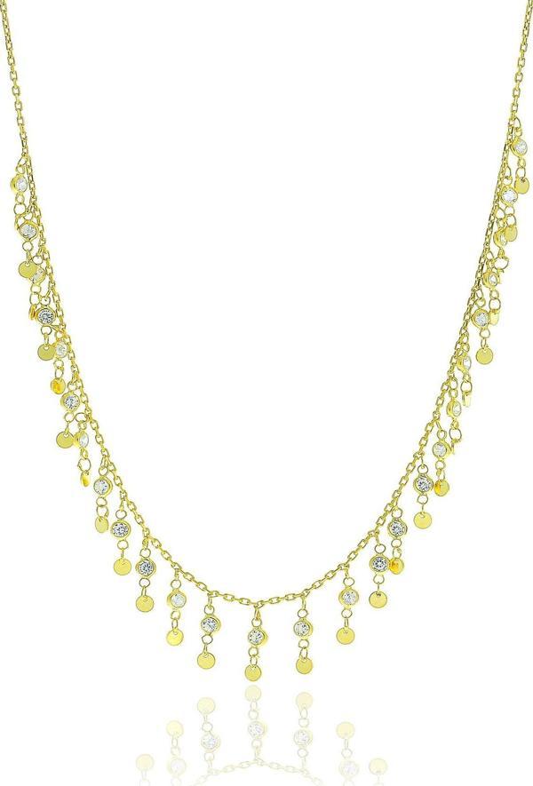 Gümüş altın yaldızlı zirkon taşlı pullu kolye  - Image 1