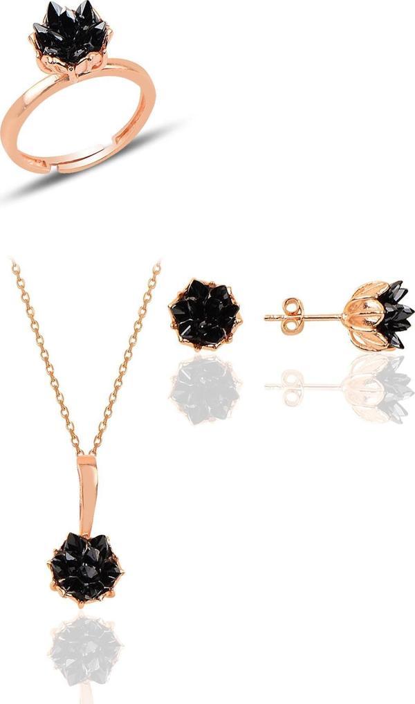 Gümüş Lotus çiçeği modeli onix renkli taşlı üçlü set  - Image 1