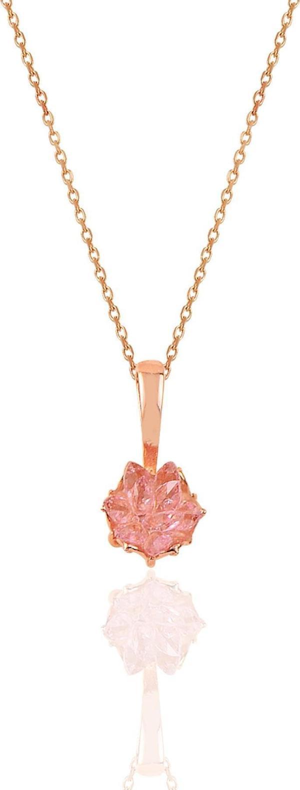 Gümüş Lotus çiçeği modeli pembe renkli taşlı kolye  - Image 1