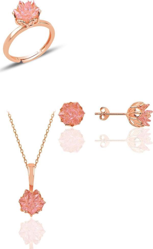 Gümüş Lotus çiçeği modeli pembe renkli taşlı üçlü set  - Image 1