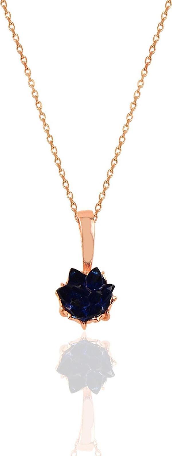 Gümüş Lotus çiçeği modeli safir renkli taşlı kolye  - Image 1
