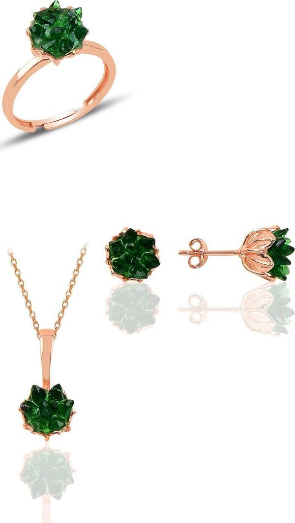 Gümüş Lotus çiçeği modeli zümrüt taş renkli üçlü set  - Image 1