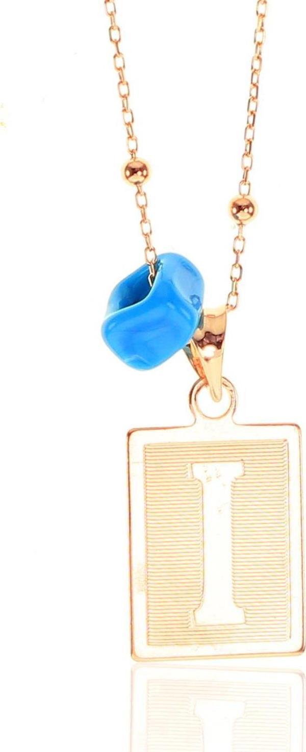 Gümüş I harfi ve turkuz taşlı top top zincirli kolye  - Image 1