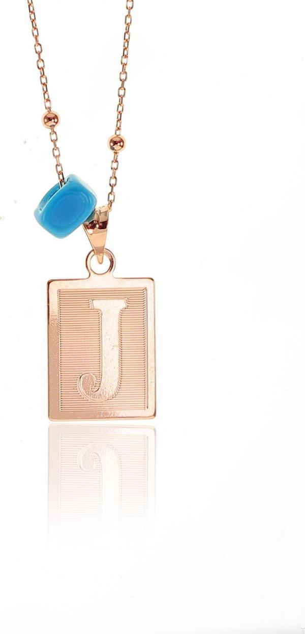 Gümüş J harfi ve turkuz taşlı top top zincirli kolye  - Image 1