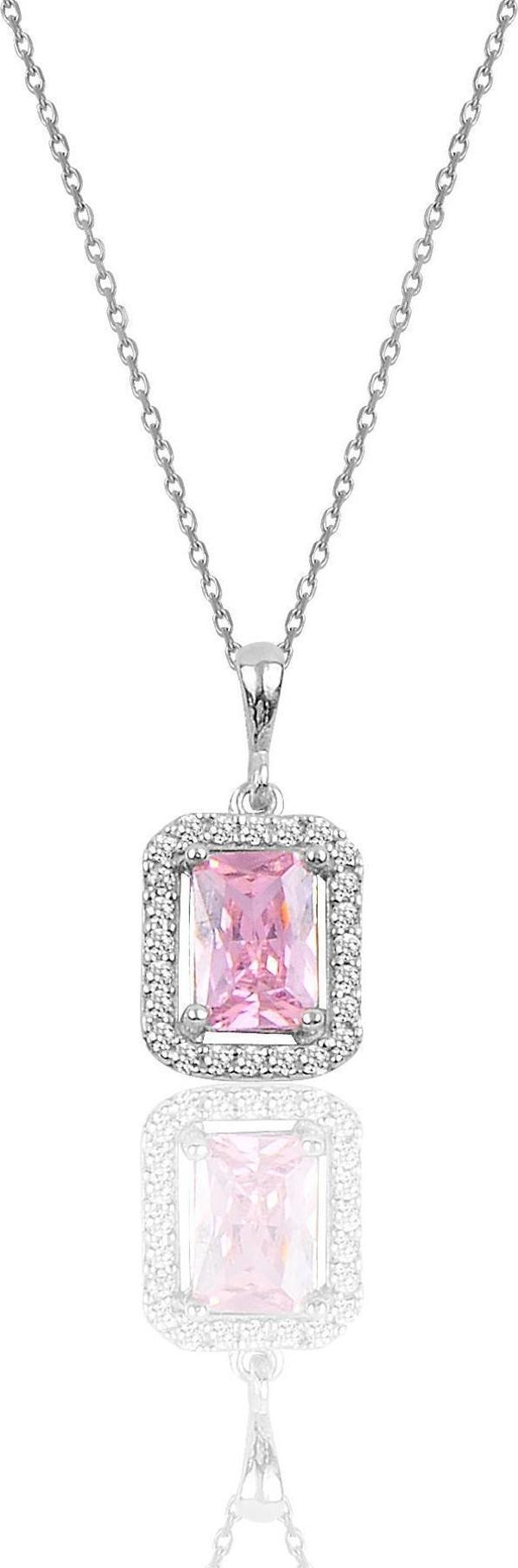 Gümüş pembe kuars baget taşlı kolye  - Image 1