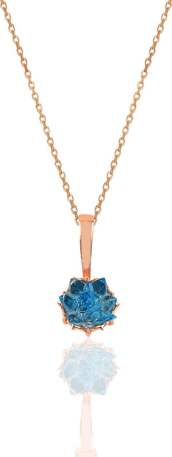 Gümüş Lotus çiçeği modeli akuamarin renkli taşlı kolye  - Image 1