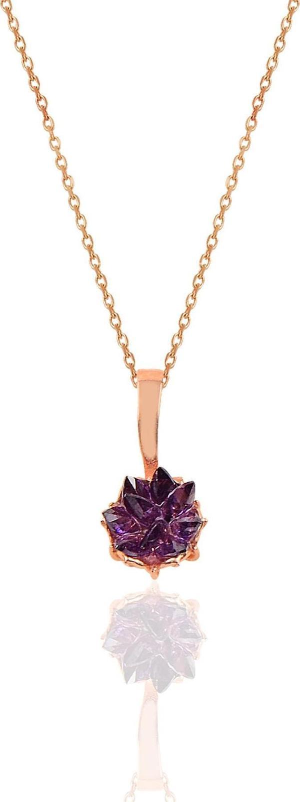 Gümüş Lotus çiçeği modeli amatis taş renkli kolye  - Image 1