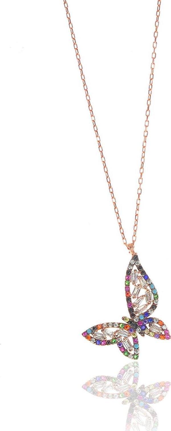Gümüş rose miks taşlı baget kelebek kolye  - Image 1