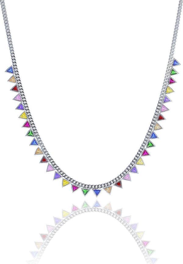Gümüş rodyumlu renkli taşlı gurmet zincirli piramit kolye   - Image 1