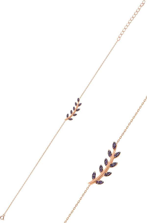 Gümüş rose mor taşlı yaprak bileklik  - Image 1