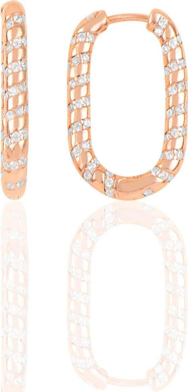 Gümüş rose  zirkon taşlı özel tasarım oval küpe  - Image 1