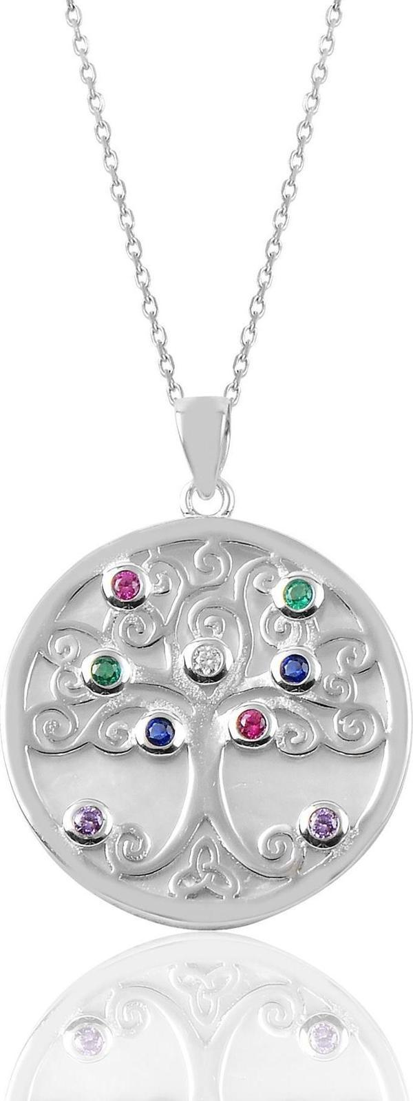 Gümüş sedef ve renkli taşlı hayat ağacı kolye  - Image 1