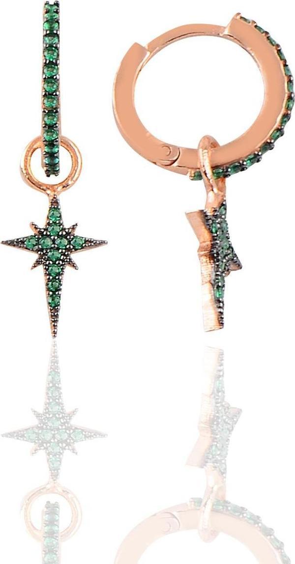 Gümüş yeşil taşlı kutup yıldızı modeli taşlı halka küpe  - Image 1