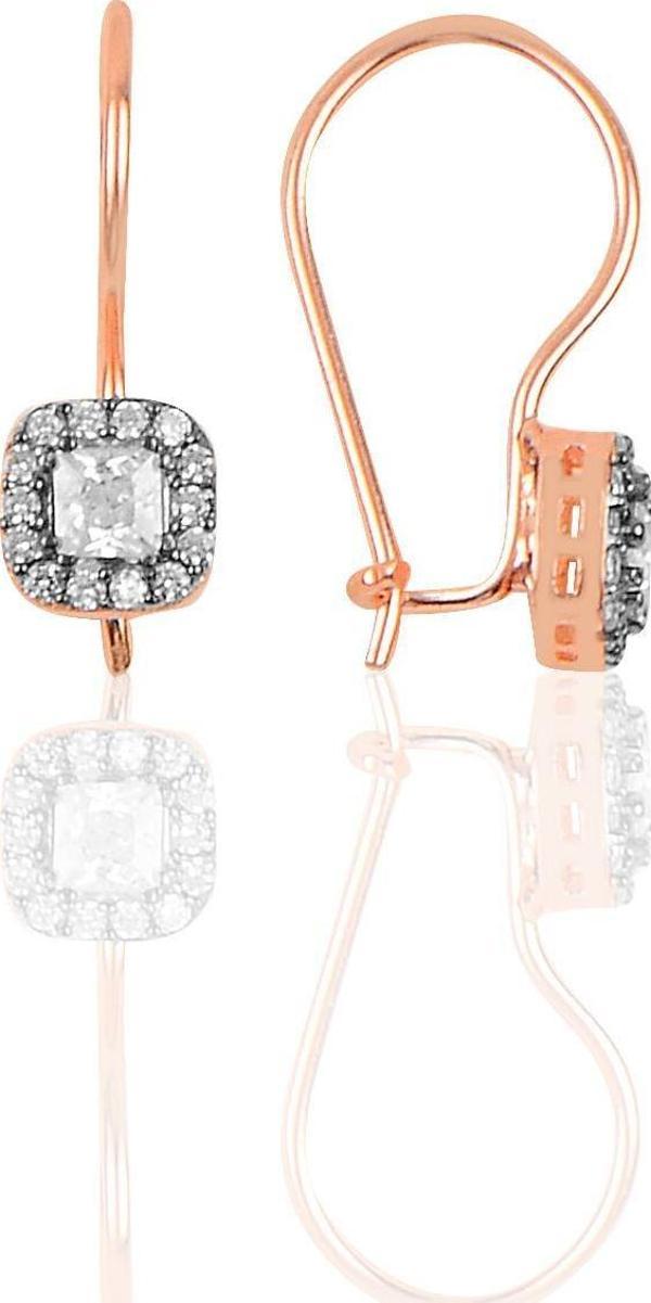 Gümüş rose zirkon taşlı  çengelli kare küpe  - Image 1