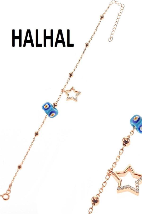 Gümüş yıldız ve toplu mineli turkuaz taşlı zincir halhal  - Image 1