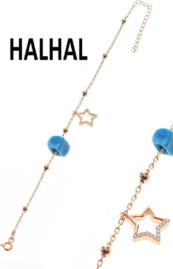 Gümüş yıldız ve toplu turkuaz taşlı zincir halhal  - Image 1