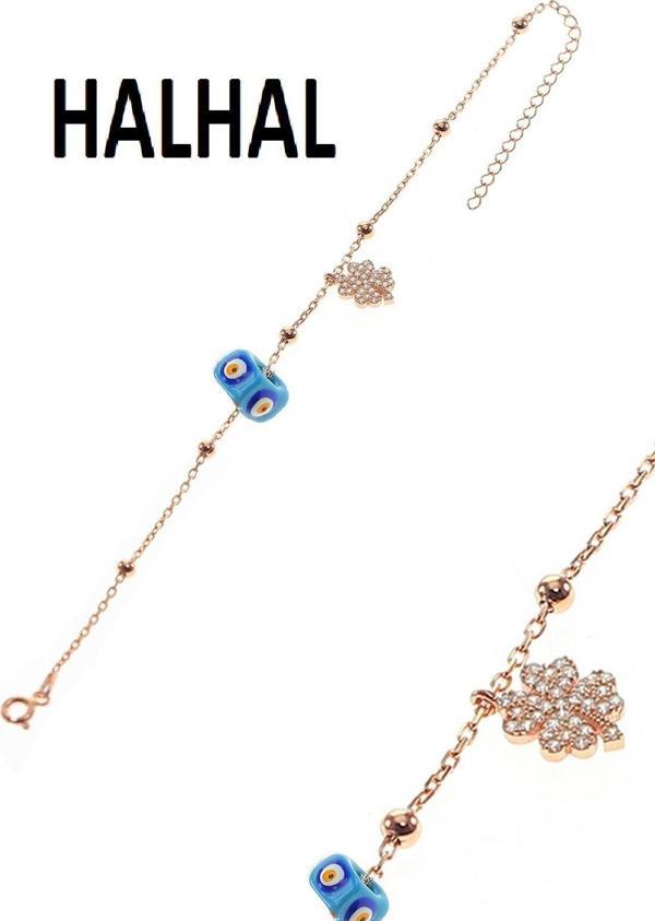 Gümüş yonca ve mineli turkuaz taşlı toplu zincir halhal  - Image 1