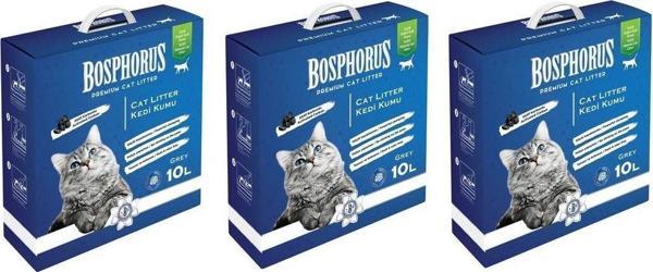 Bosphorus Aktif Karbonlu Hızlı Topaklanan Grey İnce Taneli Doğal Kedi Kumu 10 Lt X 3 Adet - Image 1