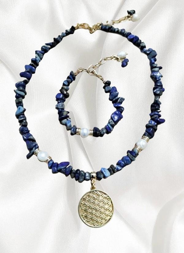 Gerçek İnci Detaylı Lapis Lazuli Yaşam Çiçeği Kolye Bileklik Set - Image 1