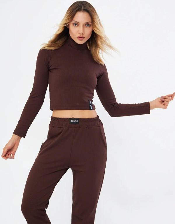 Lesa Wear Fitilli Soft Touch Balıkçı Yaka Bluz Kahverengi - Image 1