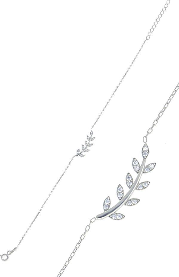 Gümüş rodyumlu zirkon taşlı yaprak bileklik  - Image 1