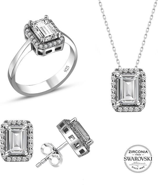 Gümüş Swarovski baget taşlı pırlanta modeli üçlü set  - Image 1