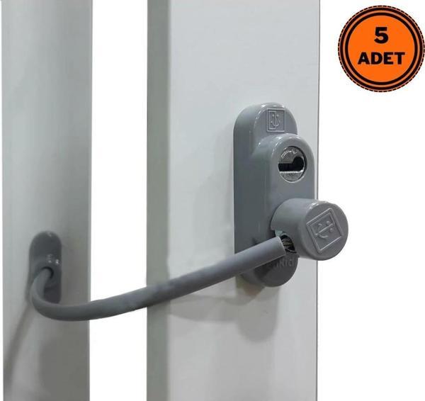 5 Adet Penkid Çelik Halatlı Pvc Pencere Çocuk Emniyet Kilidi Gri - Image 1
