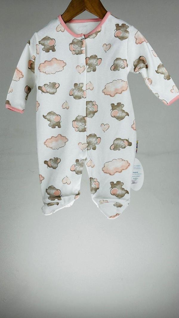 Mıdırık Sevimli Fil Patikli Çıtçıtlı %100 Pamuklu Kız Bebek Tulum Beyaz 9 Ay - Image 1