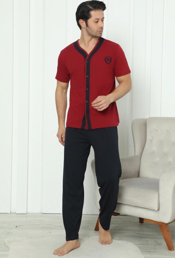 Falkom 8180 Pamuklu Penye Erkek Düğmeli Kısa Kollu Pijama Takımı - Image 1