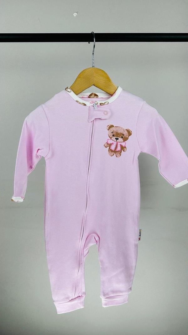 Mıdırık Ayıcık Desenli Fermuarlı Pamuklu Kız Bebek Tulum Pembe 18 Ay - Image 1