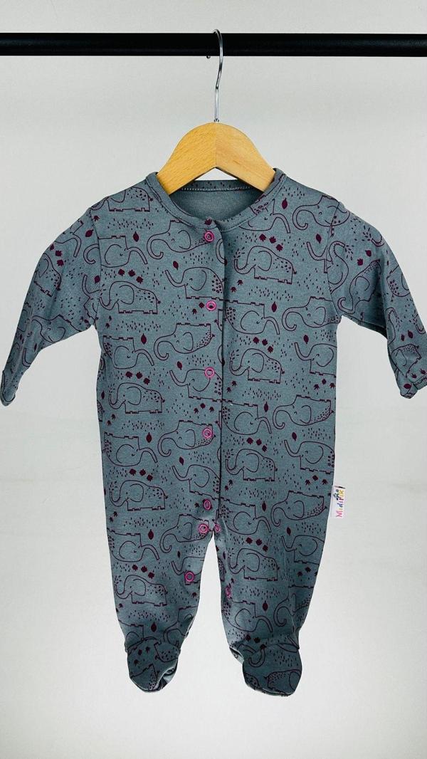 Mıdırık Fil Desenli Çıtçıtlı Pamuklu Bebek Tulum Gri 3 Ay - Image 1