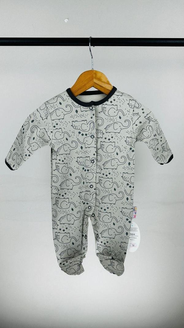 Mıdırık Fil Desenli Çıtçıtlı Pamuklu Bebek Tulum Gri 3 Ay - Image 1