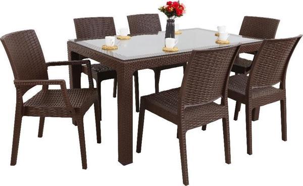 Mandella Elit Rattan 90x150 2 Elit Koltuk 4 Elit Sandalye Camlı Masa Takımı Kahverengi - Image 1