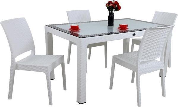 Mandella Elit Rattan 90x150 4 kişilik Elit Sandalye Camlı Masa Takımı Beyaz - Image 1
