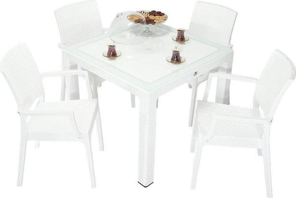 Mandella Elit Rattan 90x90 Elit Koltuk Camlı Masa Takımı BEYAZ - Image 1