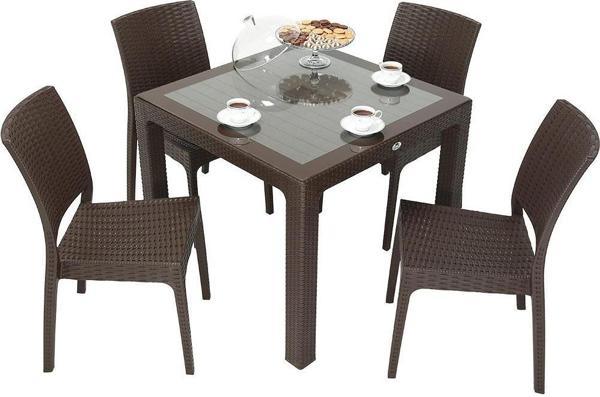 Mandella Elit Rattan 90x90 Elit Sandalye Camlı Masa Takımı KAHVERENGİ - Image 1